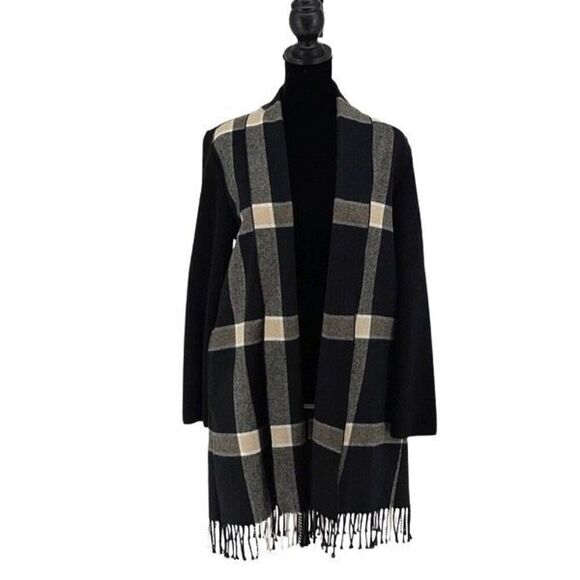 Gisella M Made In Italy Womens Plaid Fringe Hem‎ Wool Blend Cardigan Black Small - Picture 1 of 10